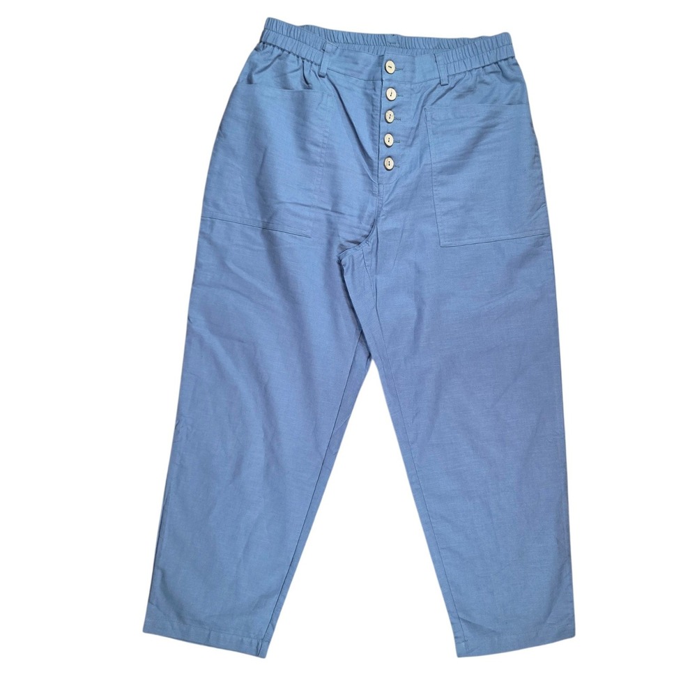 Lintico Womens Large Tapered Pants Blue Linen Cotton Button Fly Elastic Waist